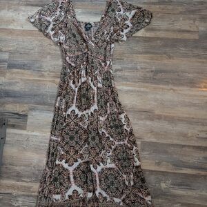 Angie Boho Maxi Dress in Pink and Green Medallion Print, Peek-a-boo In Front Tie